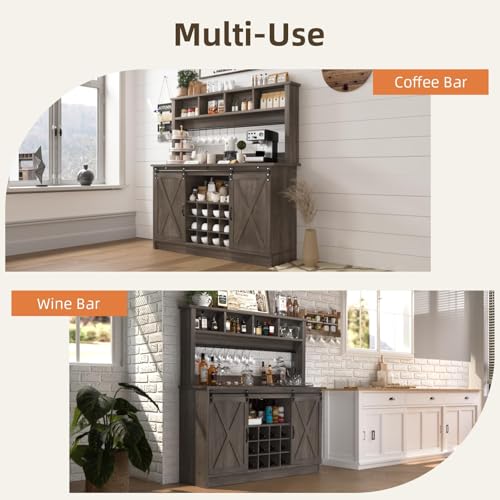 55” Farmhouse Coffee Bar with 4 Tier Storage Hutch (55.1Inch / Grey)
