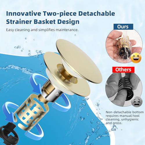 Upgraded 3 in 1 Bathroom Sink Drain Strainer (Brushed Gold)