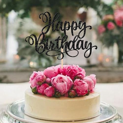 1 PCS Happy Birthday Cake Topper Glitter Happy Birthday Cake Pick Bunting Decor for Anniversary Celebrating Happy Birthday Party Cake Decorations Supplies Black