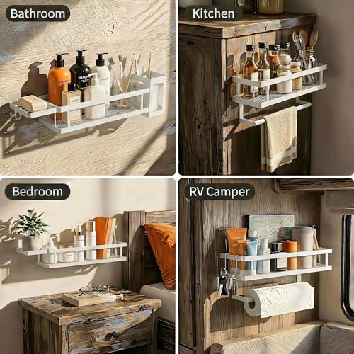 5-in-1 Shower Caddy & Kitchen Organizer Set, Wall Mount Wide Spice Rack with Paper Towel Holder, Utensil Holder, Soap Dish, Rustproof Mesh Baskets Hold 50LBS - Silver Gray, Guardrail (Silver Grey / 5-in-1 Minimalist (12.6" Wide))