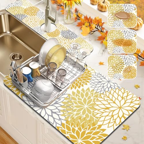 2Pcs Fall Dish Drying Mat & Sink Splash Guard (Yellow / 12" X 20" + 24" X 5.5")
