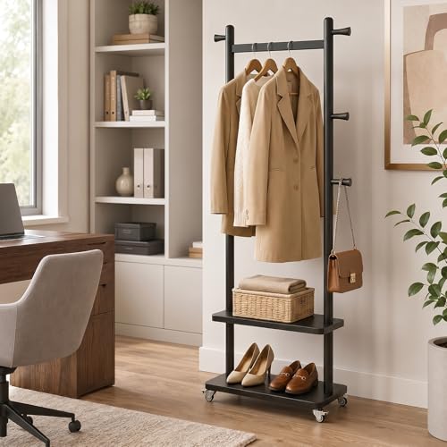 Coat Rack Freestanding Solid Wood Clothes Rack with Wheels