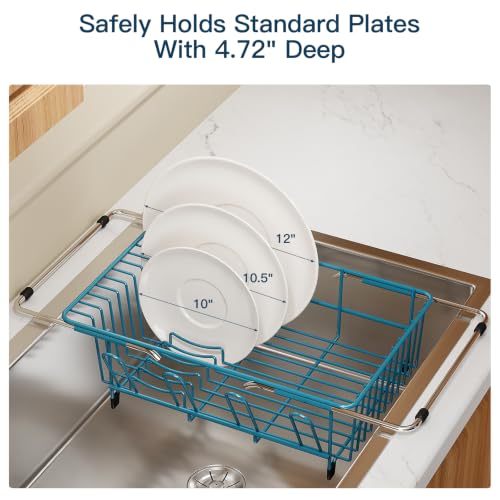 Blue Expandable Dish Drying Rack Over Sink with Extra Drainboard (Blue / For 11.5"-16" W Sink with Cup Holder & Drainboard)