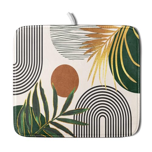 Boho Leaves Dish Drying Mat 16x18 inch Mid Century Absorbent Drainer Rack Mats Fast Dry Bottles Dish Dry Pad Protector Kitchen Accessories (Boho Leaves / 16" x 18")