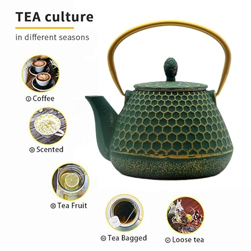 Cast Iron Teapot and Tea Cups Set (Dark Green Hexagon Pattern, 1000ml/34oz with Cups and Cup Mats)