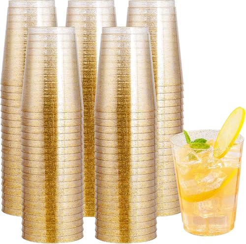 100 Pcs Gold Plastic Cups (Glitter-10oz-100)