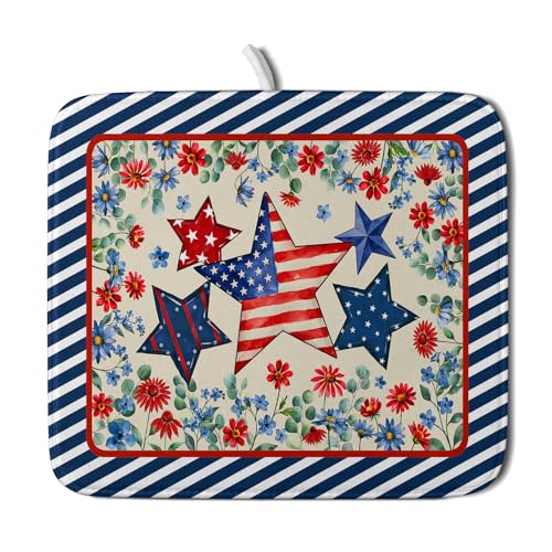 Patriotic Dish Drying Mat for Kitchen Counter Small（American Flag） (Patriotic Stars Blue / 18" x 16")