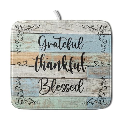 Rustic Wood Dish Drying Mat 16x18 Inch Grateful Thankful Blessed Kitchen Drainer Mats Absorbent Microfiber Rack Holder Countertop Pad (grateful thankful / 16" x 18")