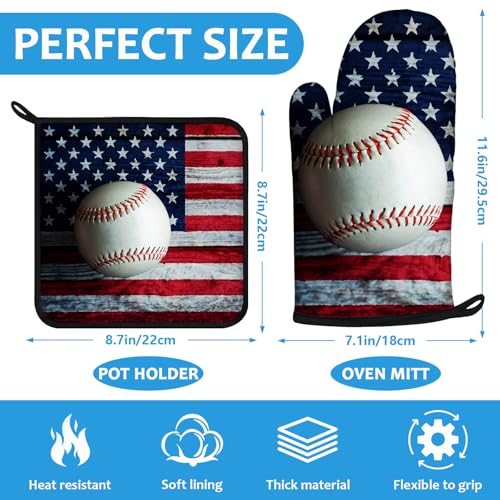 American Flag Baseball Oven Mitts and Pot Holders Sets Heat Resistant 4Pcs Potholders Oven Gloves Hot Pads for Kitchen Baking Cooking Grilling BBQ (American Flag Baseball)