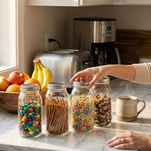 64 oz Large Plastic Mason Jars with Airtight Lids Wide Mouth (3 Pack Silver)