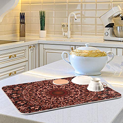 Super Absorbent Dish Drying Mat (Mandala Maroon Boho / 16" x 18")