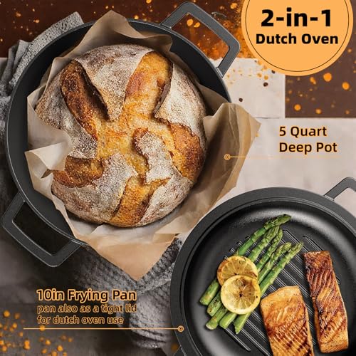Cast Iron Dutch Oven Pot with Skillet Lid (5QT)