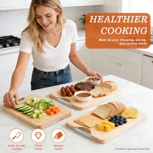 Wooden Cutting Board Set of 3 with Holder Maple Chopping Boards for Kitchen (15"L x 10.2"W)