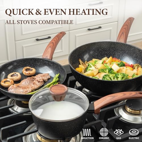 26Pcs Pots and Pans Nonstick Ceramic Cookware Set Nontoxic Kitchen Cooking Set with Steamers Utensils Induction Compatible (Black)