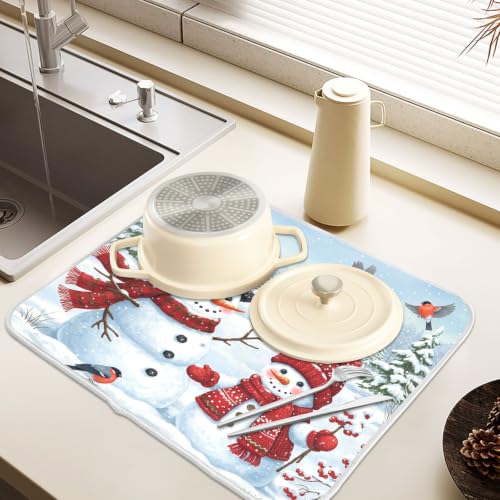 Winter Christmas Snowman Dish Drying Mat for Kitchen Counter Absorbent Microfiber Large Drying Pad Dish Mats Snowflakes for Kitchen Countertops 18 x 24 Inch (Christmas Snowman / 24" x 18")