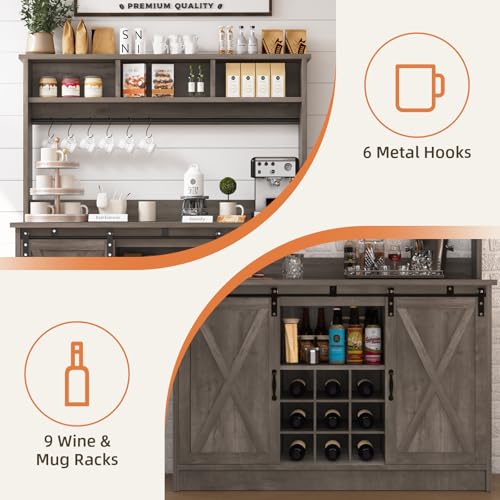 47" Farmhouse Coffee Bar with Storage Hutch & Wine Rack (48Inch / Grey)