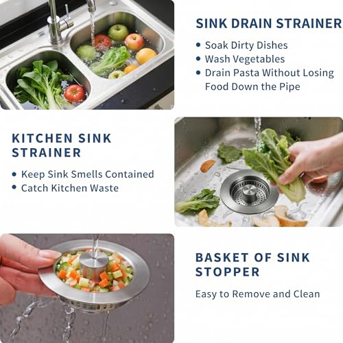 3-in-1 Kitchen Sink Drain Strainer and All-Purpose Scrub Sponges, Sink Stopper Pop-Up Drain Plug with Anti-Clogging Food Catcher Basket, Fits US Standard 3-1/2 Inch Sinks,Sponge Cleaning Dish (2 Grey Strainer+4 Kitchen Sponges)