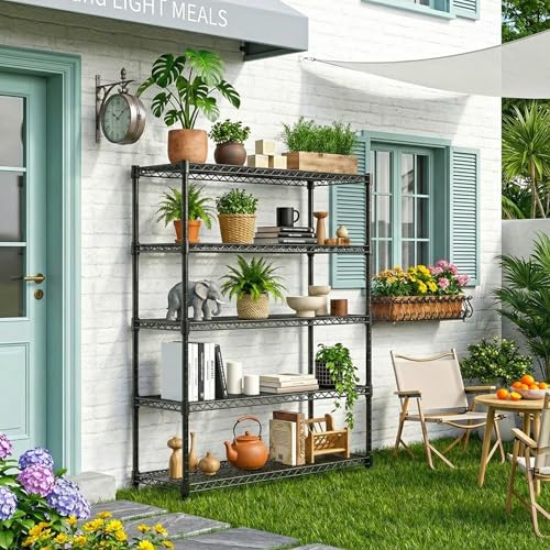 5 Tiers Shelf Metal Storage Shelves Standing 1750 LBs Household Shelf Organizer for Kitchen Pantry Closet Garage Basement Utility Room (5 tier 15.8" D x 45.3" W x 70.4" H / Black)