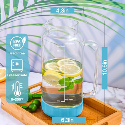 68oz Glass Pitcher with Lid and Handle for Fridge (Blue Silicone)