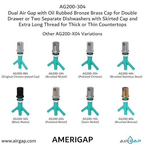 Dual Air Gap with Oil Rubbed Bronze Brass Cap for Double Drawer or Two Separate Dishwashers with Skirted Cap and Extra Long Thread for Thick or Thin Countertops (AG200-304)