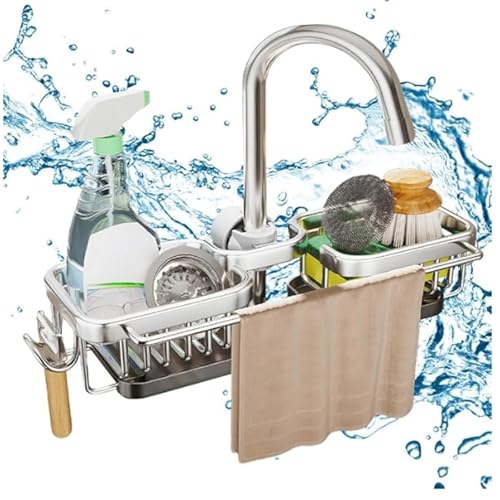 Kitchen Sink Faucet Organizer Multifunction Sponge Holder Organizer Sink Drain Holder Over Faucet Kitchen Sink Caddy with Hook Adjustable for 0.7 (Large / Silver)