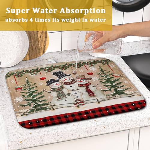 Winter Snowman Dish Drying Mat 16x18 Inch Red Buffalo Plaid Holiday Dish Drainer Mat Absorbent Dish Rack Pad for Kitchen Counter Sink Decor (Winter Snowman Bell / 16" x 18")