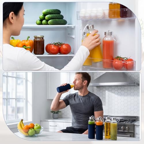 12 Pack Glass Water Bottles with Sleeves (Stylish / Navy Blue)