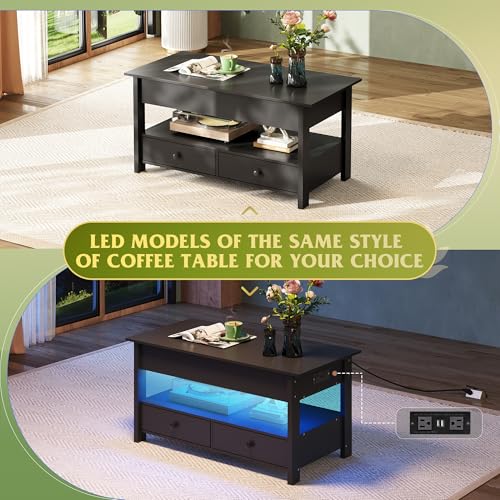 Lift Top Coffee Table with 2 Drawers (Rustic Black / 39" with Drawer)