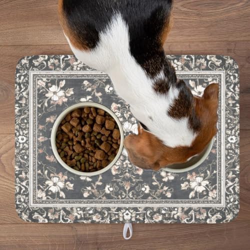 Boho Floral Dish Drying Mat Grey Leaves Dishes Drainer Pad 18x24 Inch Microfiber Absorbent Kitchen Dry Rack Mat for Counter Tableware Decor (Grey Boho Floral / 18x24 inch)
