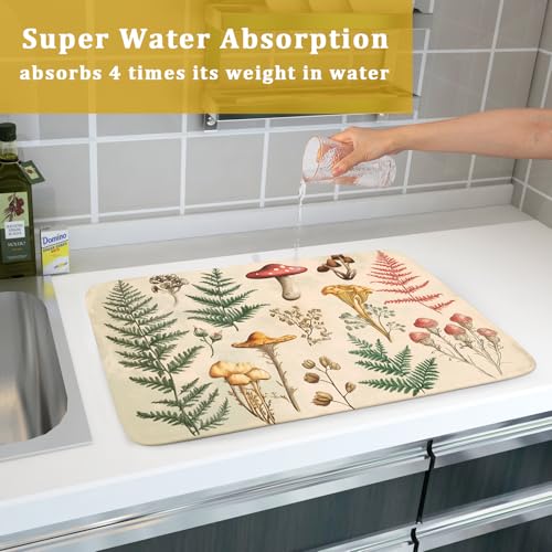 Ferns Mushrooms Dish Drying Mats Woodland Forest Microfiber Drying Pad Reversible Drainer Mats 18 X 24 Inch (Ferns Mushrooms 1101 / 24" x 18")