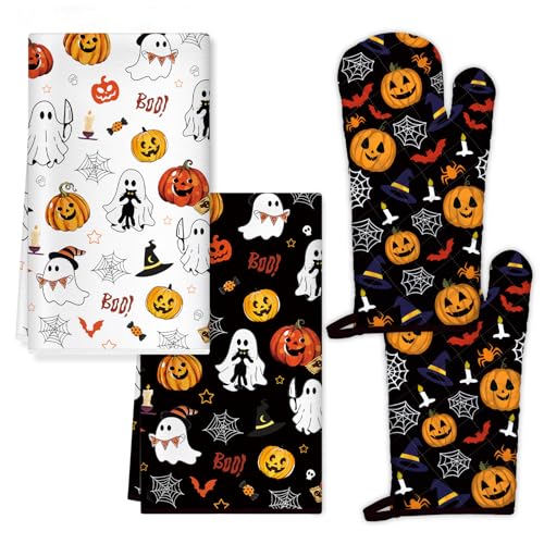 Halloween Pumpkin Kitchen Towels and Oven Mitts Set (Halloween)