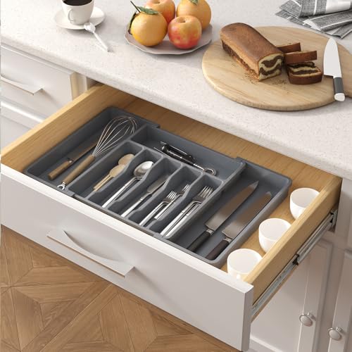 Extra Large Silverware Drawer Organizer (Dark Gray / XL (13-22''W x 15''D))