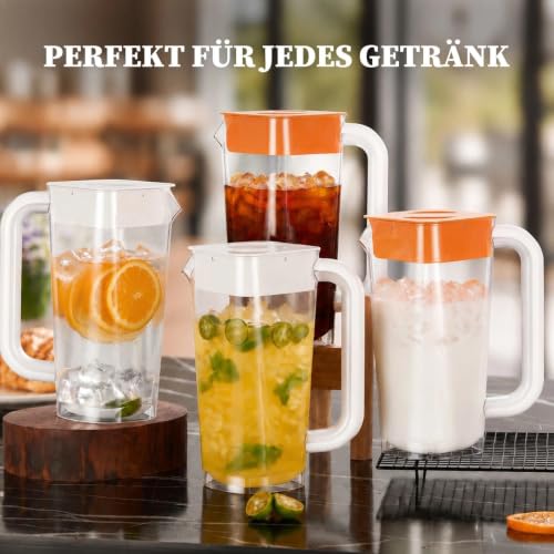 4 Pack 2L 68 oz Plastic Pitcher with Lid & Handle (White-Orange-4pack)