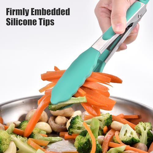 Kitchen Tongs with Silicone Tips for Cooking Serving (7in / Aqua Sky)