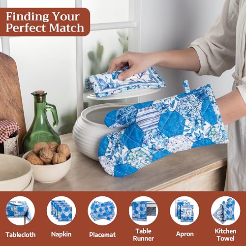 100% Cotton Oven Mitt & Pot Holder Set (028 - Summer Blues / 7.5" x 13" & 8" x 8" (Oven Mitt & Pot Holder))