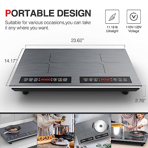 Double Induction Cooktop 2 Burner 110V 4000W Portable Table Stove (Silver)