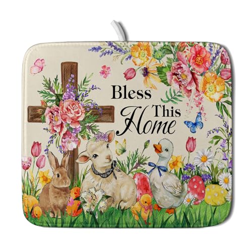 Easter Farmhouse Dish Drying Mat Funny Animal Dish Pad for Kitchen Counter Small 16 X 18 (Colorful Farmhouse Animal / 18" x 16")