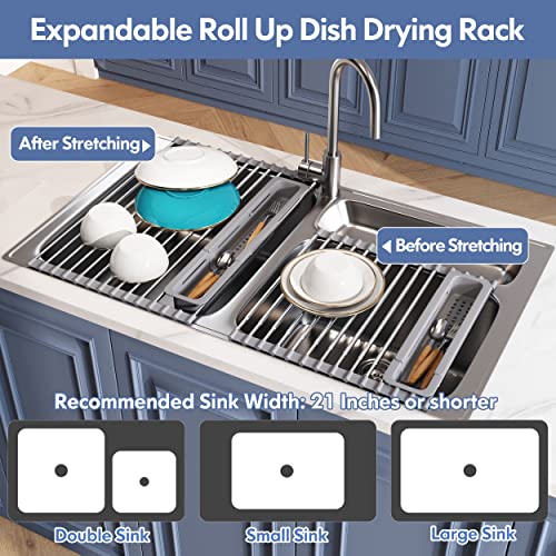 Roll Up Dish Drying Rack for Kitchen Sink with Utensil Holder (Gray / Roll Up, 12.8" - 23.8" D x 15.5" W)