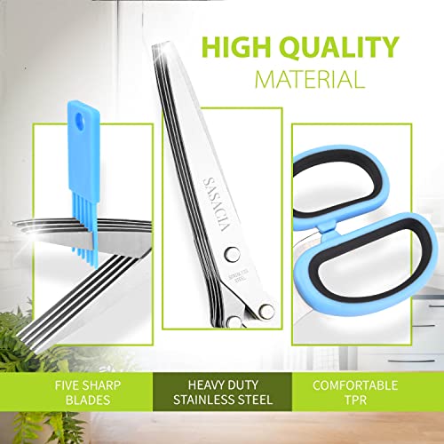 Herb Scissors with 5 Blades & Cleaning Kit (Blue and Black)