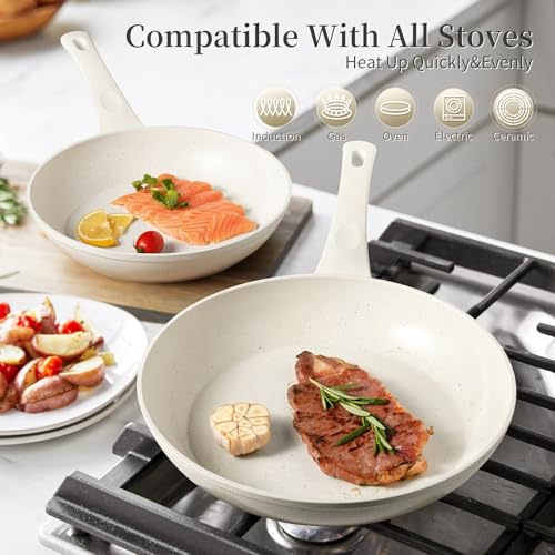 Nonstick Ceramic Frying Pans Skillets Set 8"+9.5"+11" (Cream White)