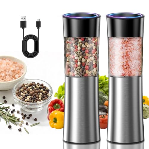 Rechargeable Gravity Electric Salt and Pepper Grinder Set Automatic Stainless Steels Salt and Pepper Mills with LED Light (Silver)