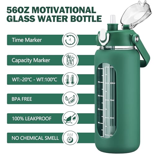 56oz Glass Water Bottles with Straw (Ink green / 56 Ounces)