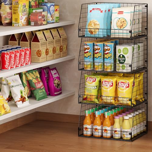 4 Pack XXL Stackable Wire Storage Basket (4 Pack-Wide 15.4"W x 11.8"D)