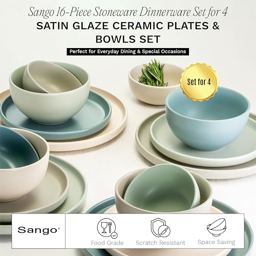 16 Piece Stoneware Dinnerware Set for 4 (Green/Sand/White / 16-Piece Set)