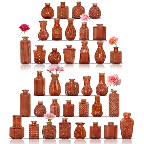 Set of 36 Glass Bud Vases Small Flower Vases for Centerpieces (Dark Amber)