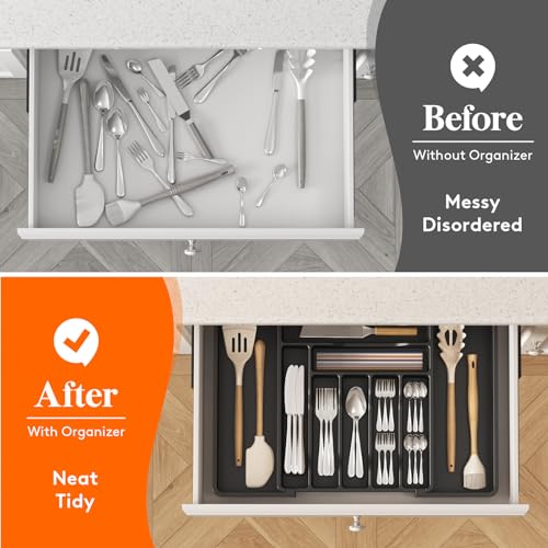 Expandable Silverware Drawer Organizer (Black / XL (13"-22.4" W × 15"D))