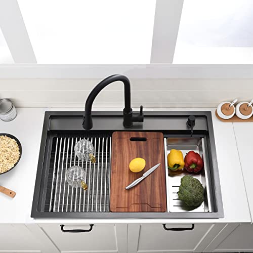 33 Inch Black Drop In Kitchen Sink (33"L x 22"W x 10"D / Black（Splash Guard）)