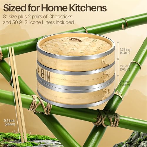 8 Inch Bamboo Steamer Basket Set with Stainless Steel Banding