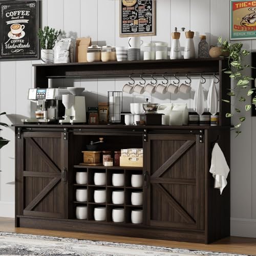 55" Farmhouse Coffee Bar Cabinet with Storage Hutch (55Inch / Dark Oak)
