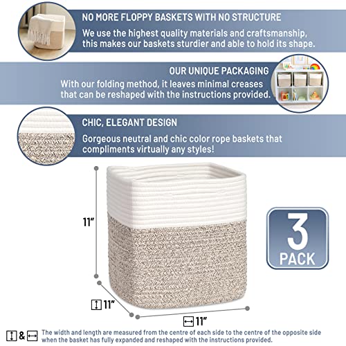 Storage Cubes 11 Inch Cotton Rope Woven Baskets for Organizing (Off White & Mixed Brown)